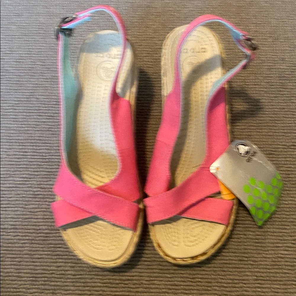 Crocs Women A-Leigh Canvas Linen Slingback Espadrille Wedge Sandals Size 9 Pink
